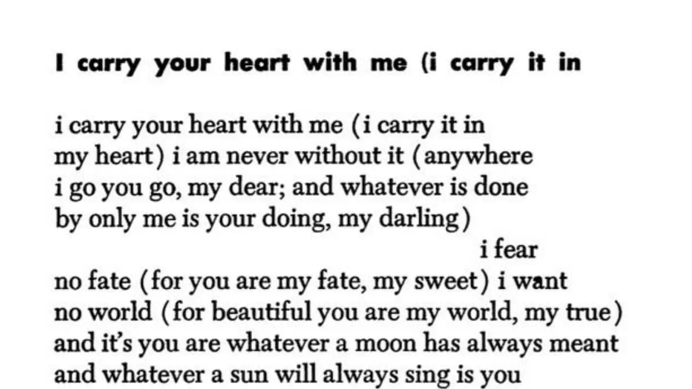 20 Most Romantic Quotes from Literature (books, poetry and plays) - "I carry your heart with me (I carry it in my heart)." - E.E. Cummings