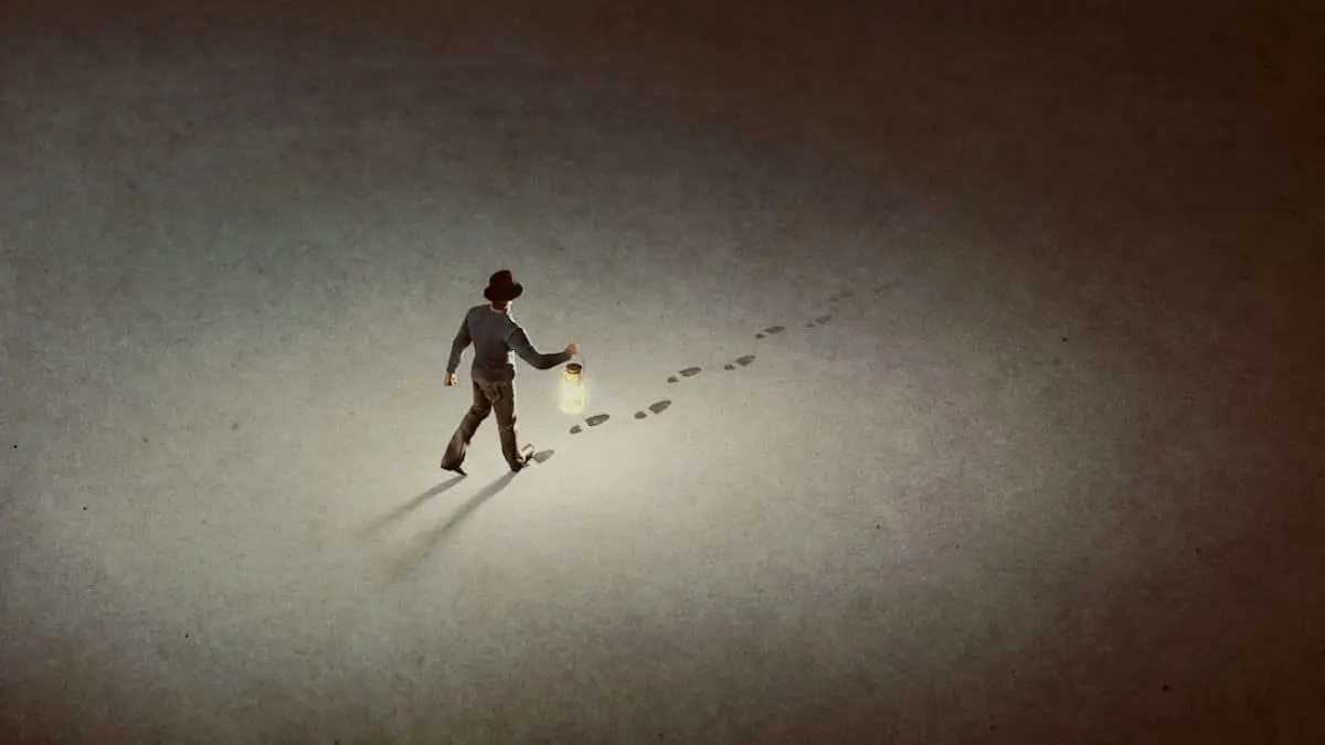 Man with lantern walking, leaving footprints in dim light.