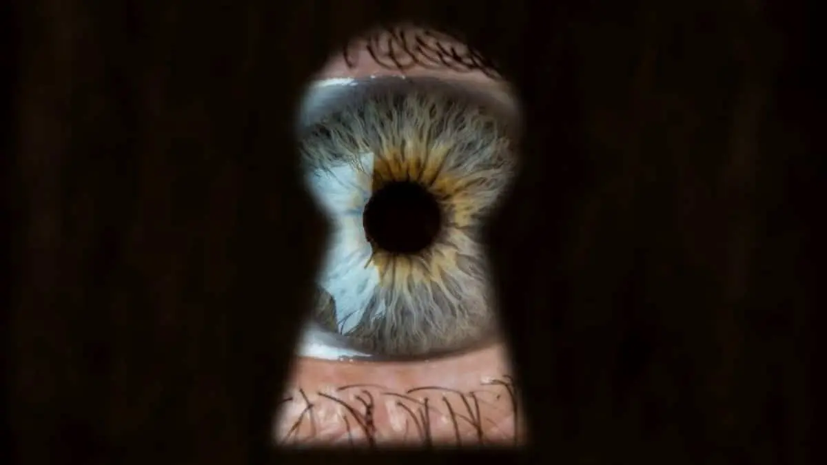 Close-up of an eye seen through keyhole. (Difference Between Mystery and Suspense)