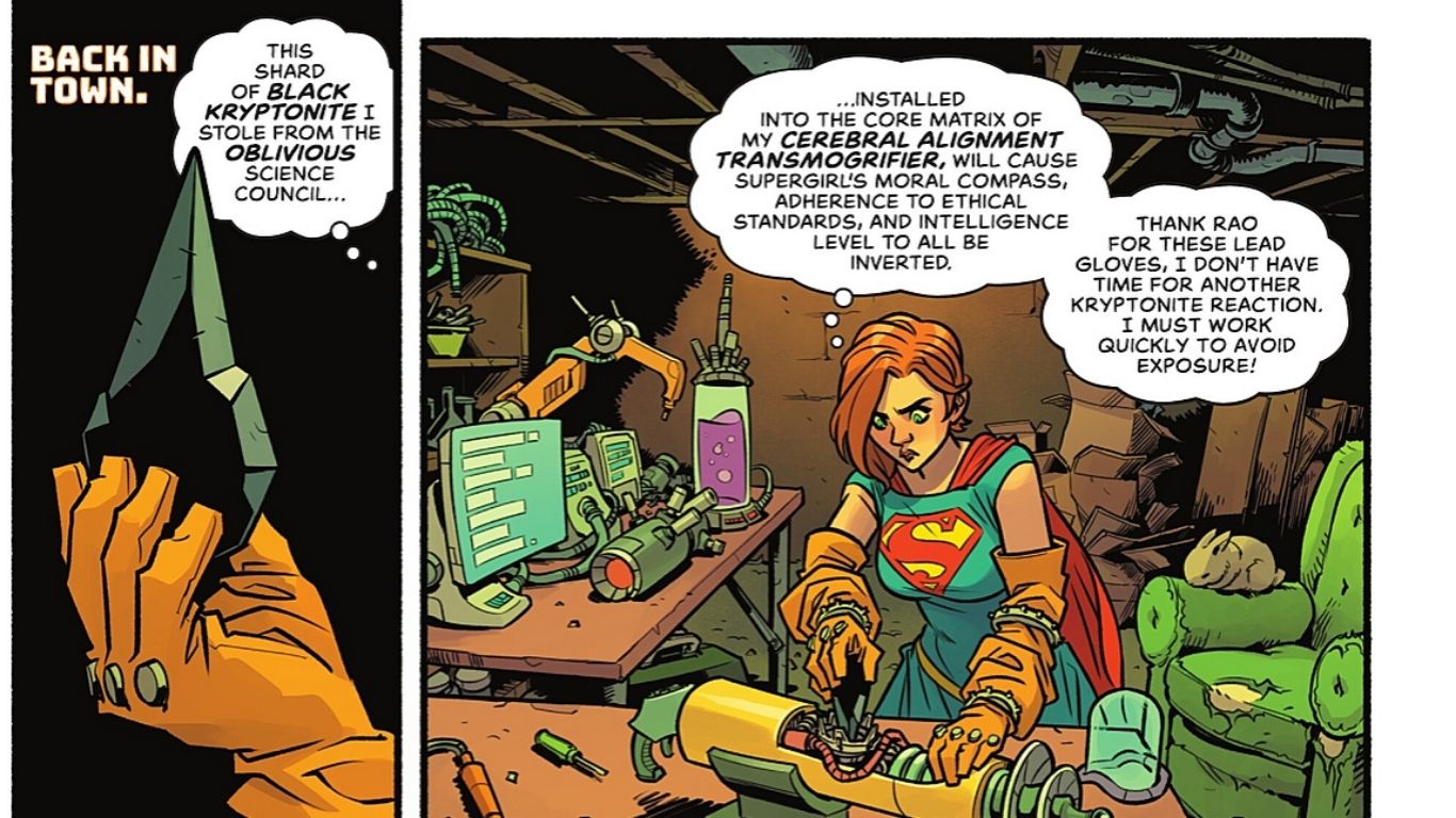 She is shown working with Black Kryptonite she stole from the Kandorian Science Council.