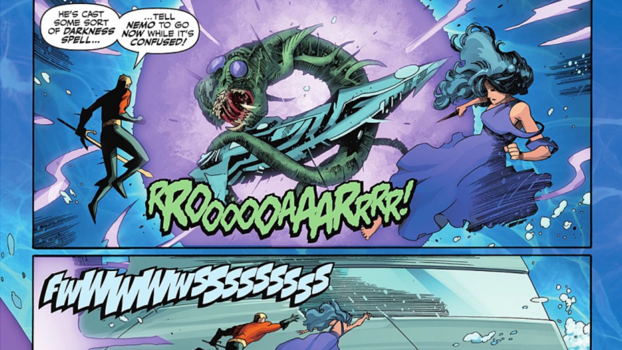 Arion steps up, casting a darkness spell (Bathabal Encentia) to confuse the monster and give Nemo a window to escape.