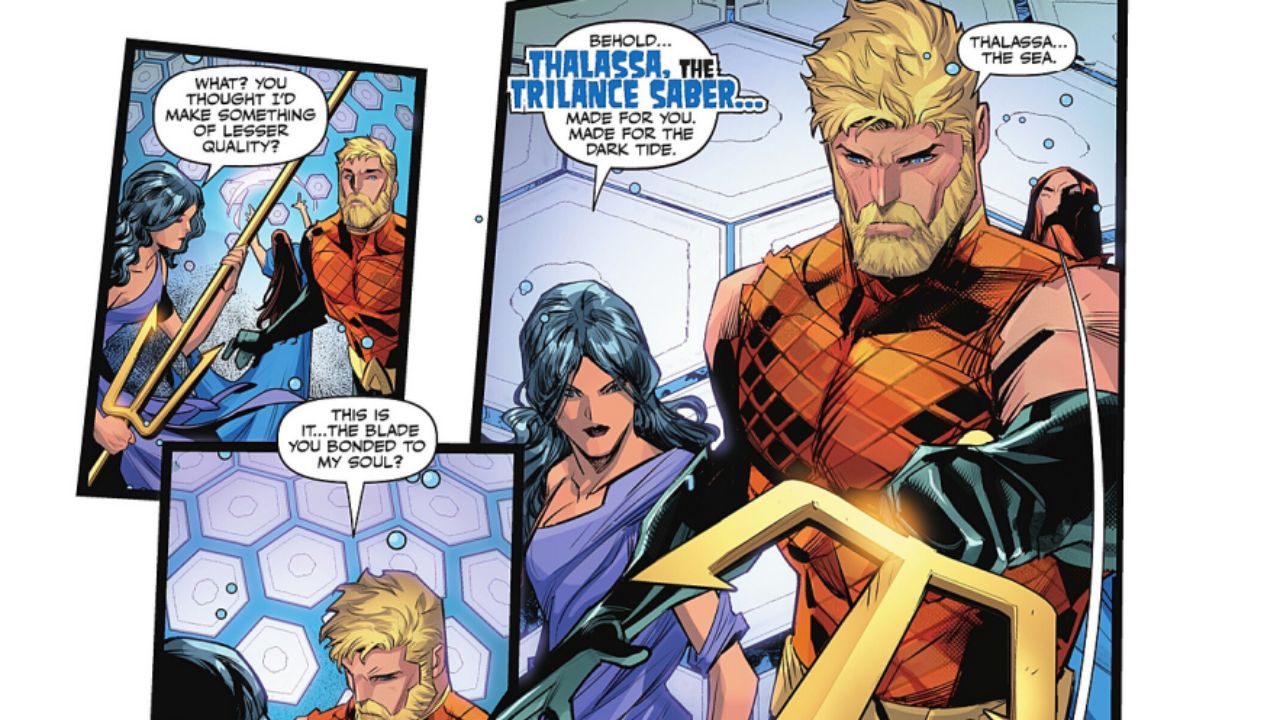 Arthur catches the weapon, he feels an instant, soul-deep connection to it - Aquaman #4 (2025)