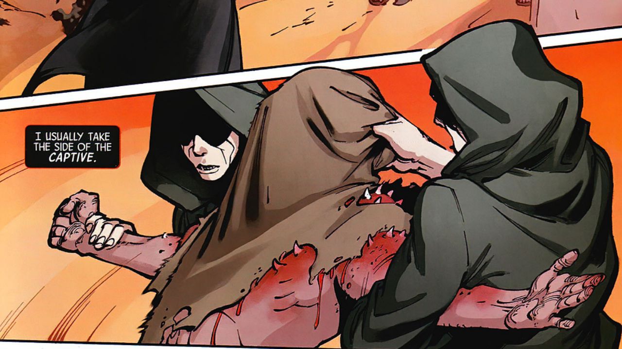 Damien leads Blade to a room where two guards hold a hooded captive. - The Full Story Breakdown of Blade Red Band #1