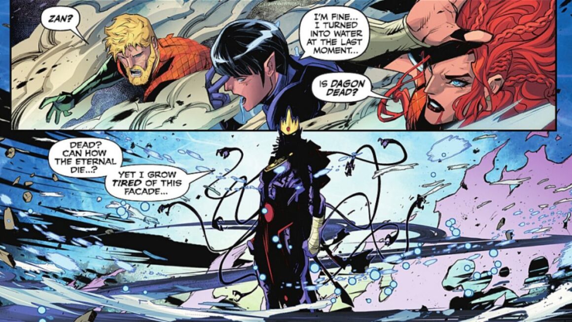 Dagon, who begins to drop his facade and show his true, terrifying self - Aquaman #8 (2025) - The Cosmic Rebirth of the Dark Tide