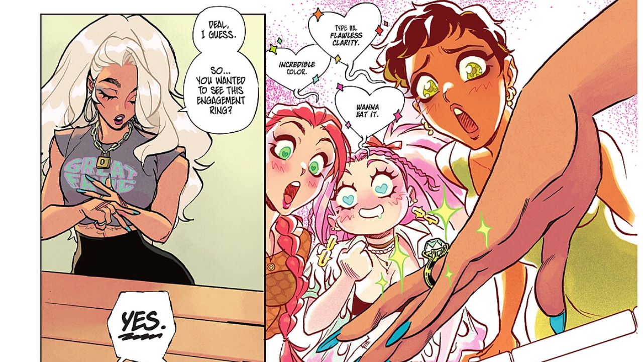 Dinah’s engagement ring—a four-carat, flawless, ethically sourced rock