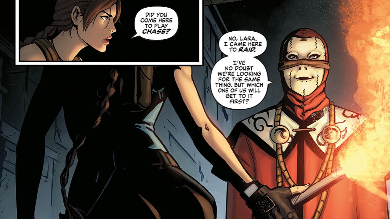 Lara is confronted by a man she calls rebellious - Tomb Raider: Sacred Artifacts #1