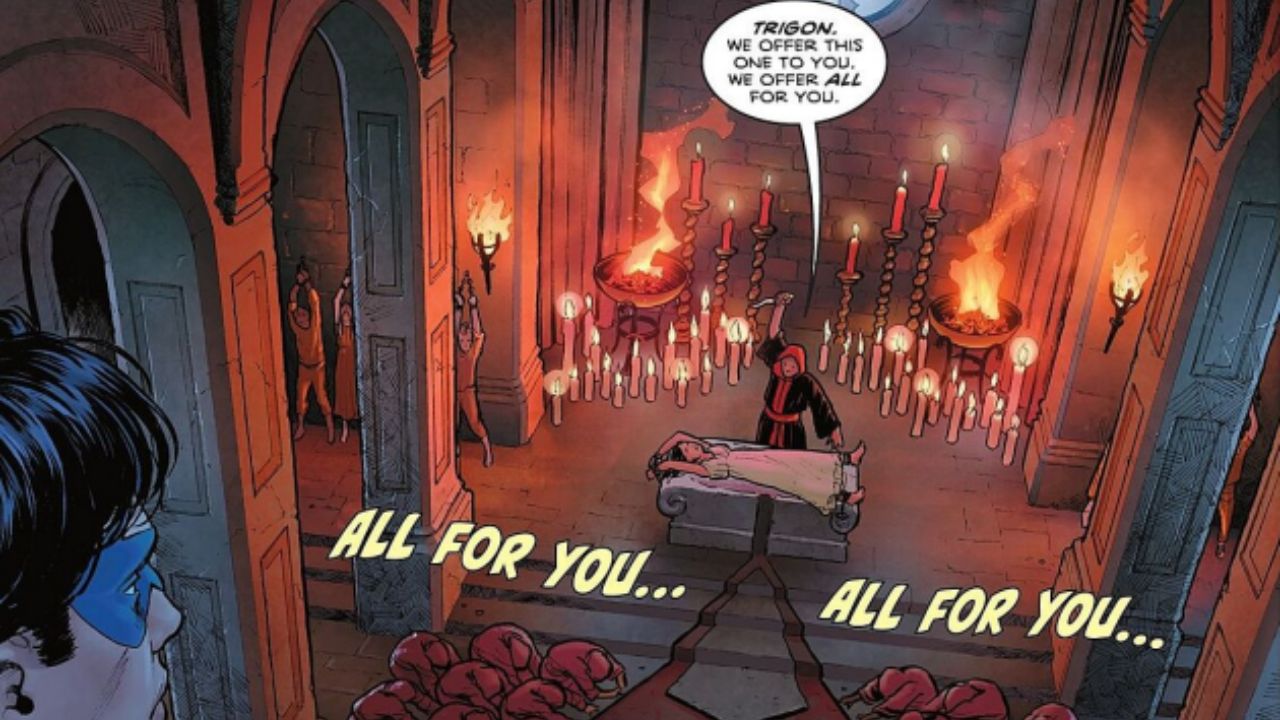 dark ritual where cultists are chanting All for you to Trigon - Down of DC Titans #3 (2025): Dark Sacrifices, Distrust, and a Deadly Deadline