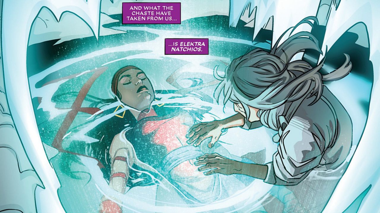 legendary assassin Elektra lying vulnerable and the new Psylocke standing over her, blade ready. - Psylocke: Ninja #1 (2026) - The Tragic Rebirth of Psylocke